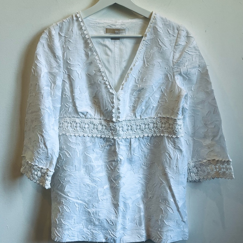 MICHAEL KORS Women's Sz 8 Textured Embroidered Lace Crochet Neck White Tunic boh - Picture 13 of 14